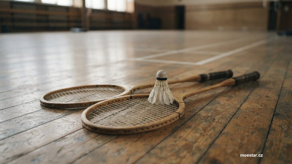 Dvě badmintonové rakety a košíček na podlaze haly