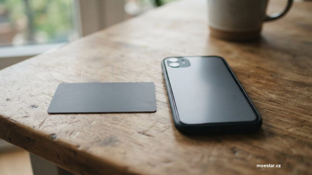 Platební karta na dřevěném stole vedle telefonu