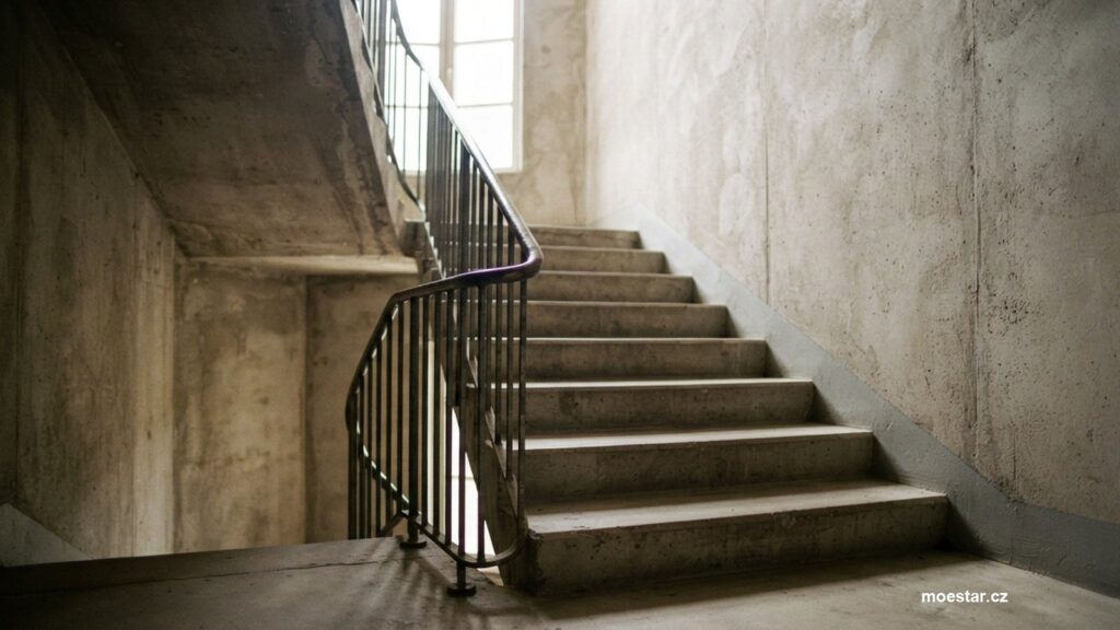 Betonové schodiště se zábradlím a světlem dopadajícím z vysokého okna