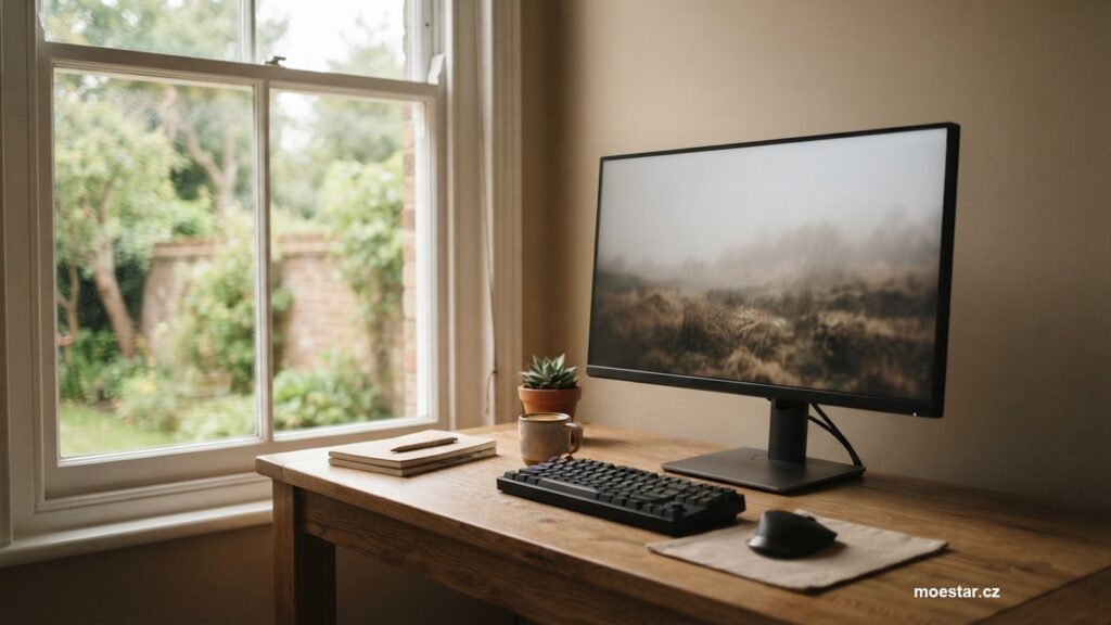 Monitor na stole u okna s měkkým denním světlem