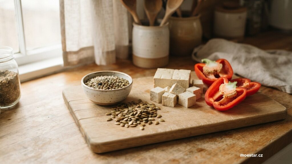 Čočka, dýňová semínka, tofu a nakrájená paprika na dřevěném prkénku v kuchyni