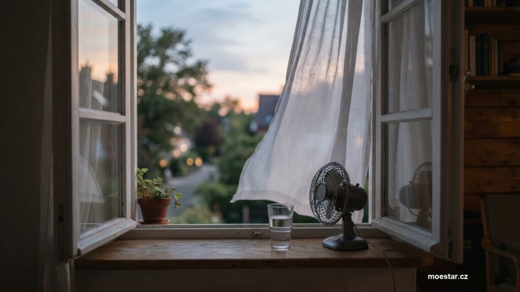 Otevřené okno s lehkou záclonou, sklenicí vody a malým ventilátorem na parapetu