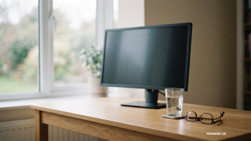 Pracovní stůl s vypnutým monitorem, sklenicí vody a brýlemi