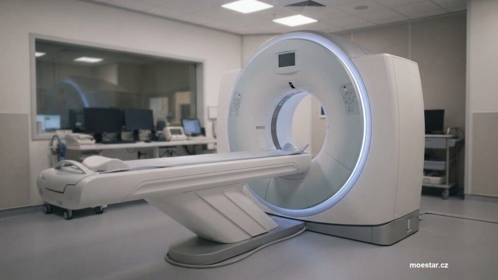 Prstenec počítačového tomografu s prázdným vyšetřovacím stolem