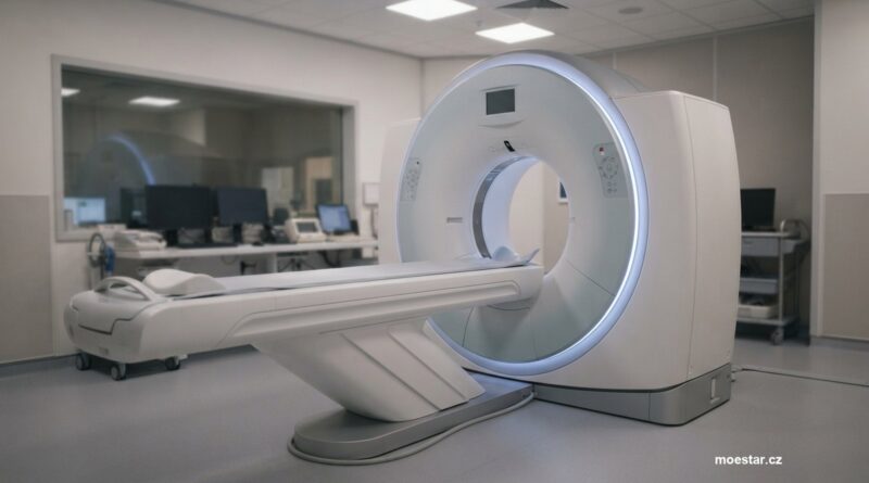 Prstenec počítačového tomografu s prázdným vyšetřovacím stolem