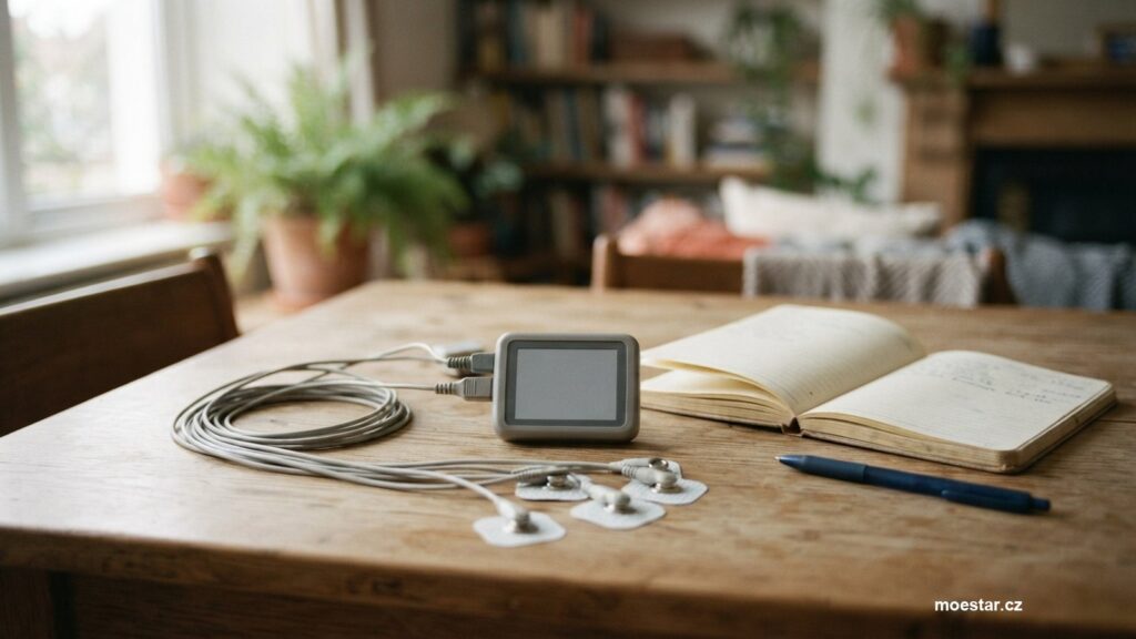 Přenosný záznamník EKG s kabely a elektrodami vedle papírového deníku