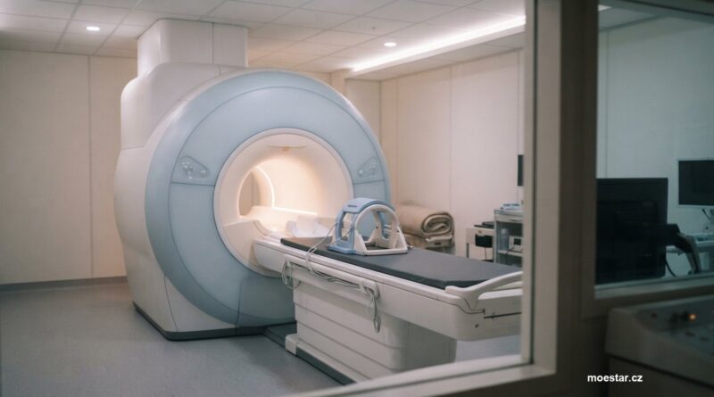 Tunel magnetické rezonance s prázdným stolem a cívkou