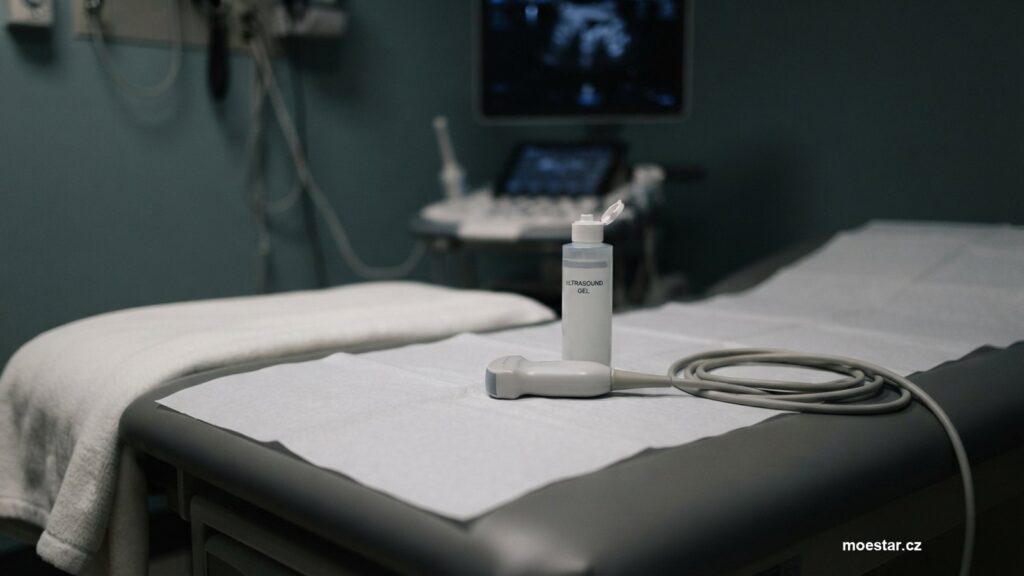 Ultrazvuková sonda a lahvička gelu na vyšetřovacím lehátku