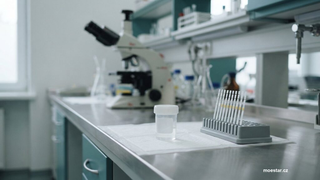 Laboratorní pult se sterilní nádobkou, stojánkem na proužky a mikroskopem