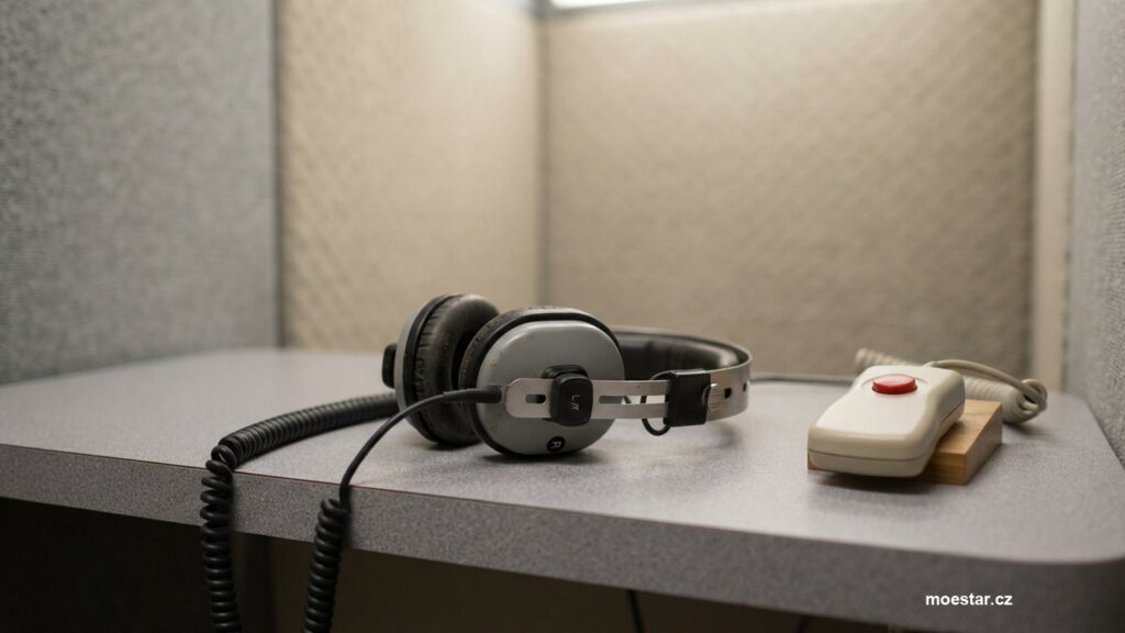 Audiometrická sluchátka a signalizační tlačítko v odhlučněné kabině