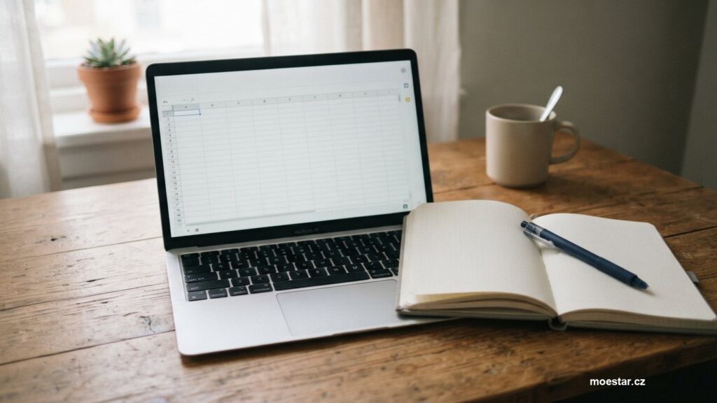 Notebook s tabulkou a zápisník na stole