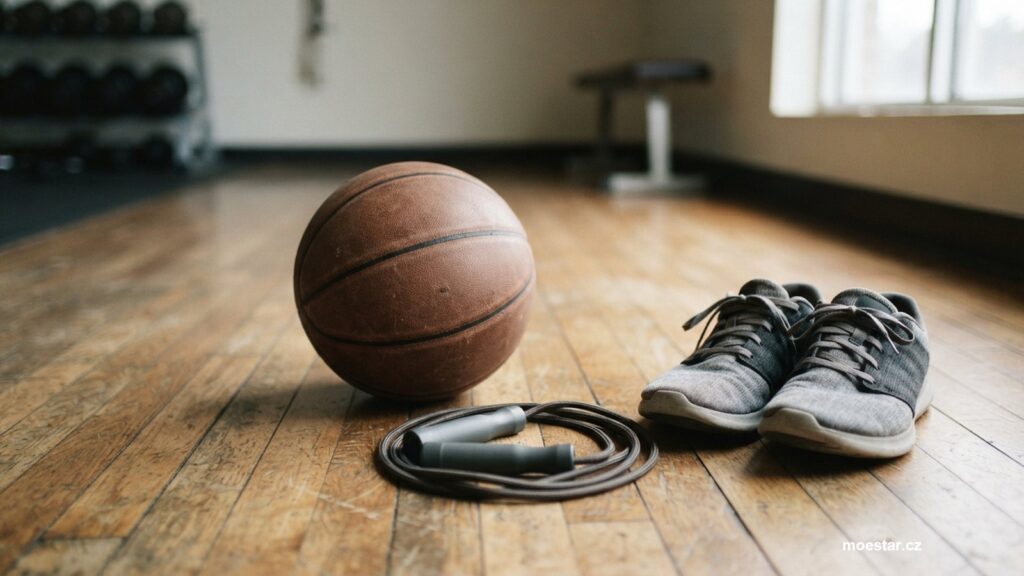 Několik kusů sportovního vybavení na dřevěné podlaze