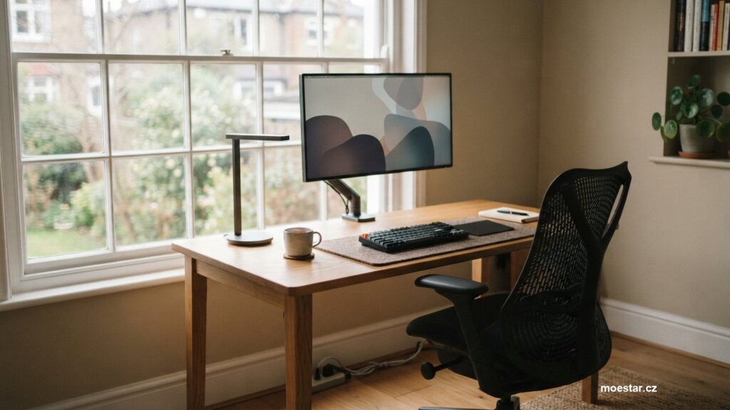 Ergonomicky uspořádaný pracovní stůl s židlí a monitorem