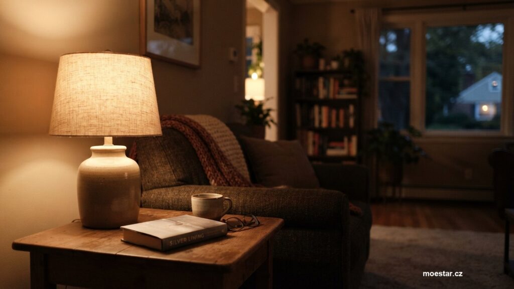Lampa vrhající měkké teplé světlo v útulném obývacím pokoji