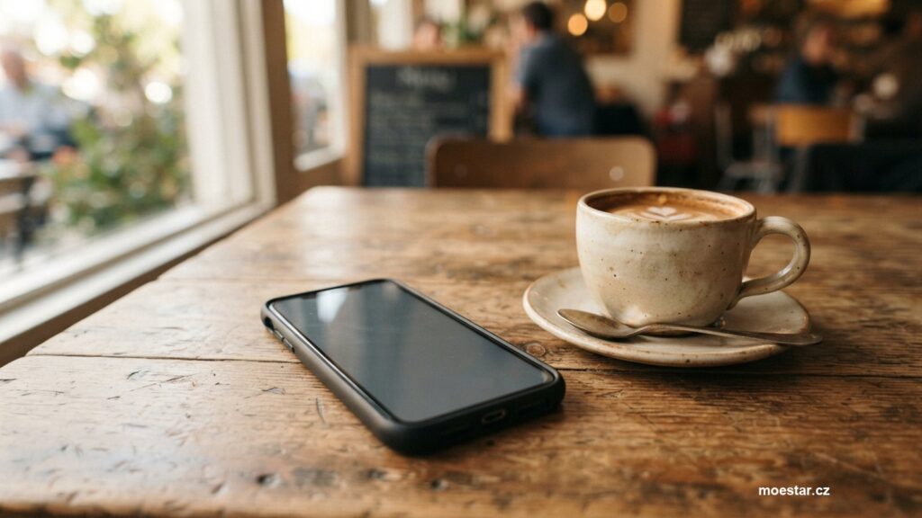 Telefon na stole v kavárně vedle šálku kávy