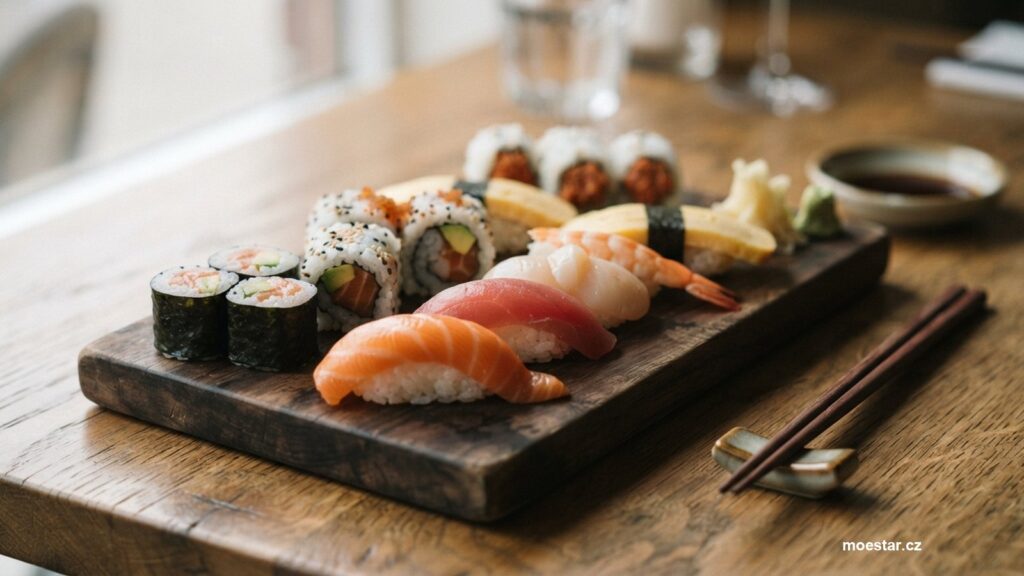 Sushi naaranžované na tmavém dřevěném prkénku