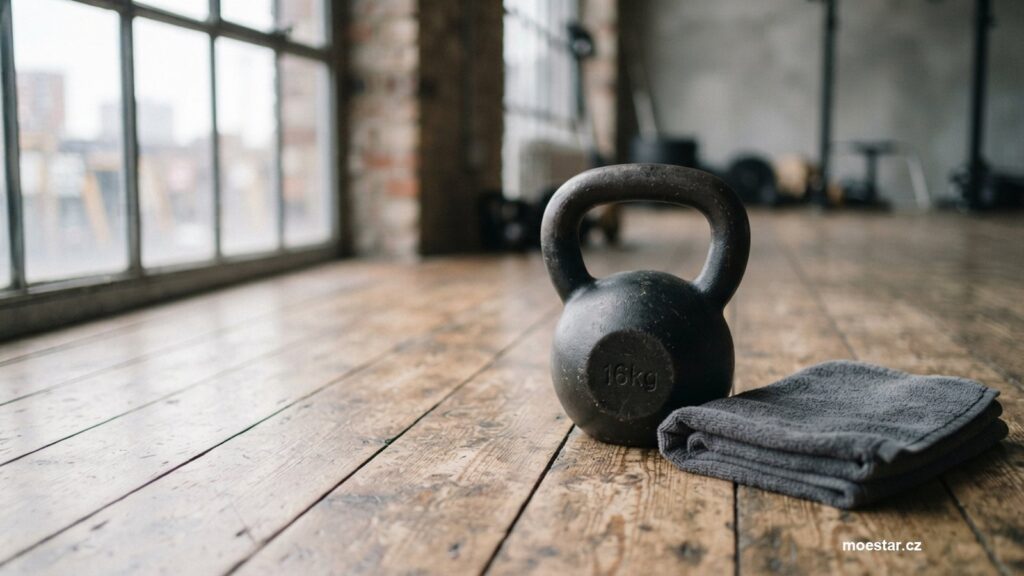 Kettlebell na dřevěné podlaze vedle ručníku