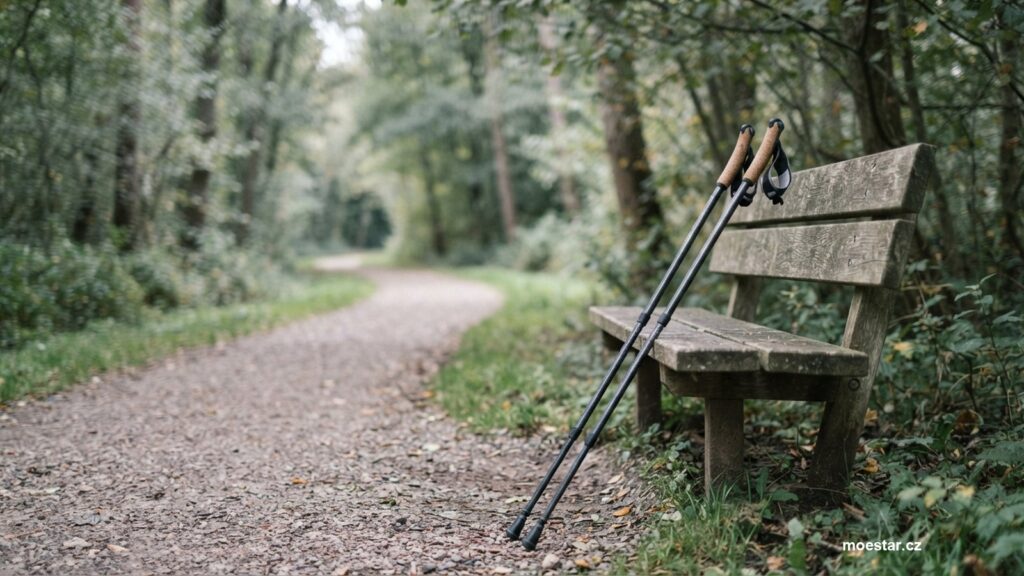 Hole na nordic walking opřené o lavičku na cestě v parku