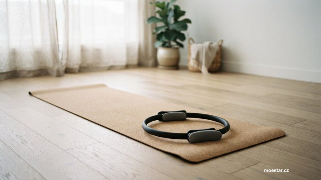 Podložka a pilates kruh na světlé podlaze v prosvětlené místnosti
