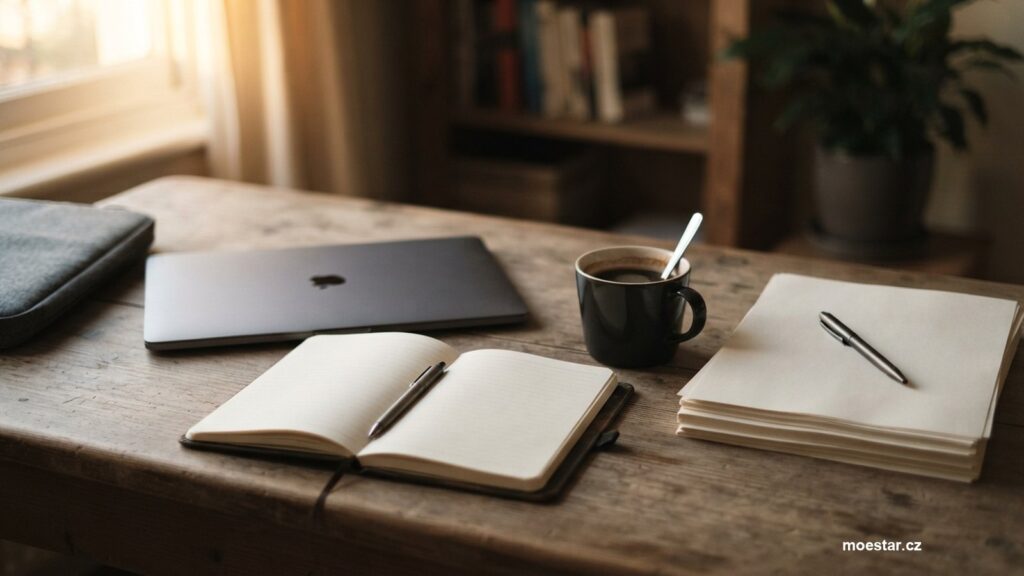 Pracovní stůl s otevřeným sešitem, zavřeným notebookem a hromádkou papírů