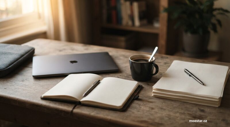 Pracovní stůl s otevřeným sešitem, zavřeným notebookem a hromádkou papírů