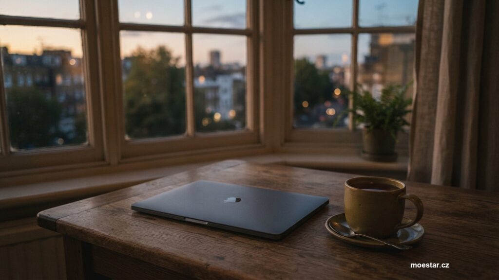 Zavřený notebook a šálek čaje na stole u okna