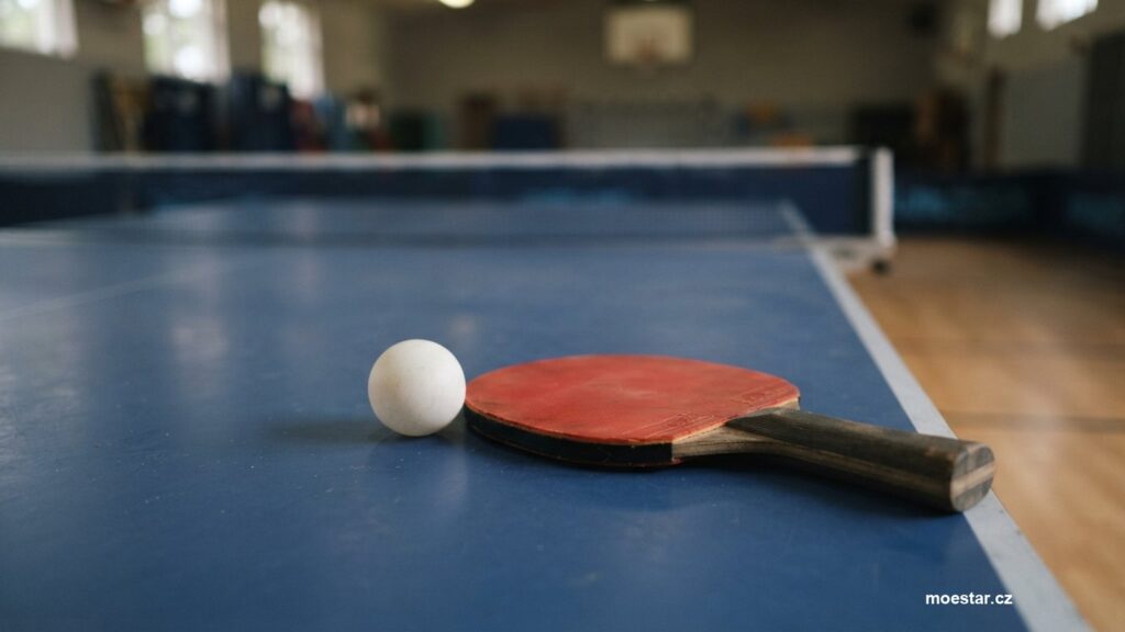 Pálka na stolní tenis a míček na modrém stole