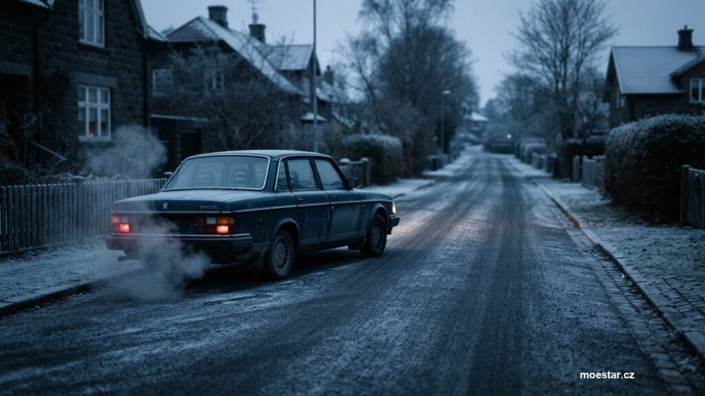 Auto na namrzlé ulici za svítání s párou od výfuku