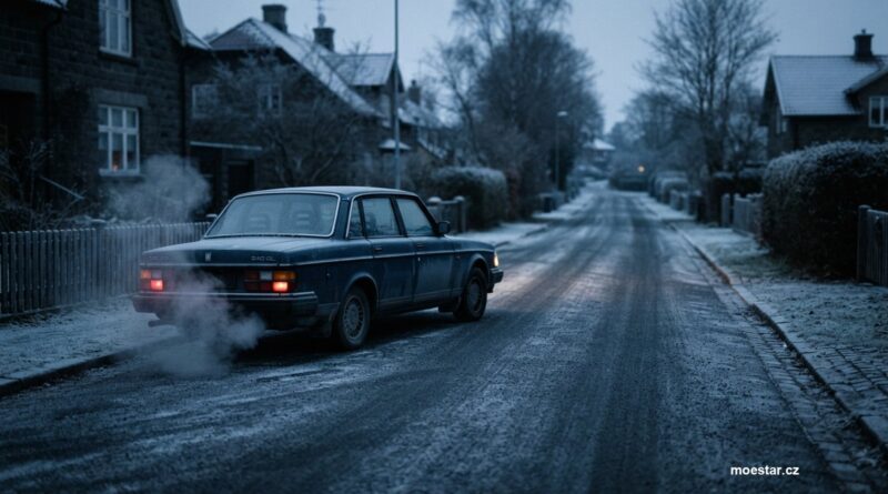 Auto na namrzlé ulici za svítání s párou od výfuku